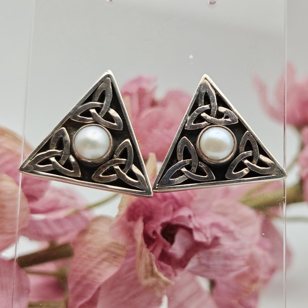 Cream Pearl & Sterling Silver Handmade Triangular Celtic Style Post Earrings